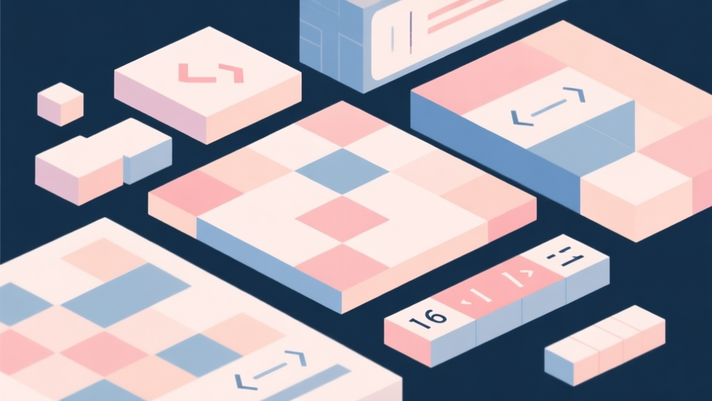 Abstract geometric composition with overlapping shapes representing game boards and code blocks, soft pastel colors, modern minimal style, professional education technology concept illustration high quality illustration, detailed, 16:9