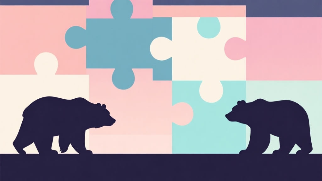 Abstract geometric composition with overlapping puzzle pieces and bear silhouettes, soft pastel colors, modern minimal style, professional game concept illustration high quality illustration, detailed, 16:9