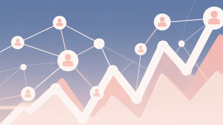 自动生成图片: Abstract network nodes connected by lines, representing market trends and user behavior, soft color scheme, clean minimal illustration, modern digital concept high quality illustration, detailed, 16:9
