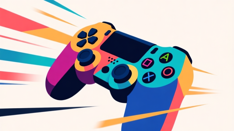 自动生成图片: Abstract geometric composition with overlapping shapes in vibrant game controller colors, dynamic lines suggesting speed and action, clean minimal style, modern gaming concept illustration high quality illustration, detailed, 16:9