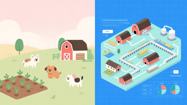 自动生成图片: A split-screen illustration showing two contrasting farm styles. Left side: minimalist, relaxed farm with cute animals and simple crops on a soft pastel background. Right side: complex, strategic farm layout with interconnected barns, production lines, and resource flow charts on a clean blue grid. Professional, clean infographic style. high quality illustration, detailed, 16:9