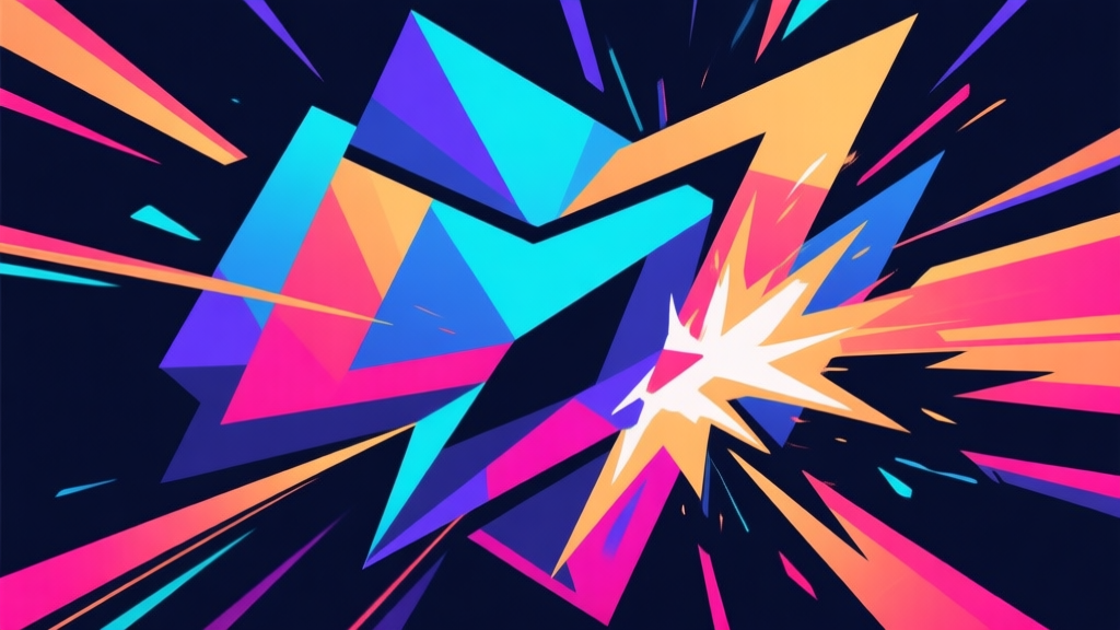 Abstract geometric composition with overlapping shapes in vibrant gaming colors, dynamic lines suggesting motion and impact, modern esports style, professional game concept illustration high quality illustration, detailed, 16:9