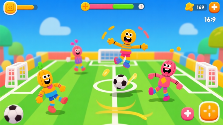 自动生成图片: A vibrant, playful mobile game interface showing funny ragdoll characters on a soccer field, with exaggerated physics effects, cartoonish style, bright colors, and simple controls visible on screen, minimalist game design high quality illustration, detailed, 16:9