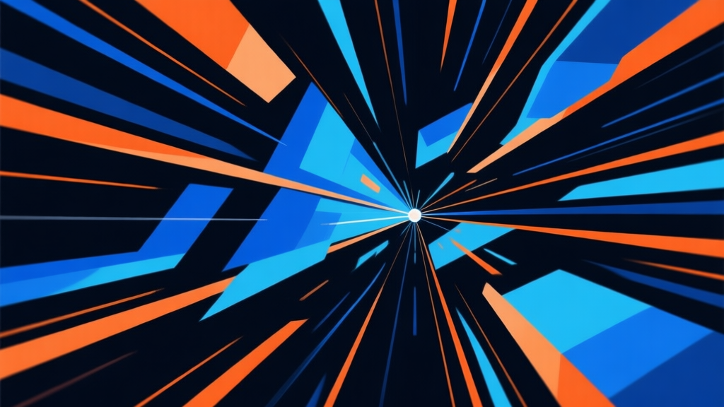 Dynamic abstract composition of fast-moving lines and geometric shapes converging towards a central point, representing speed and precision, dark background with vibrant blue and orange accents, modern digital art style, energetic and competitive vibe high quality illustration, detailed, 16:9