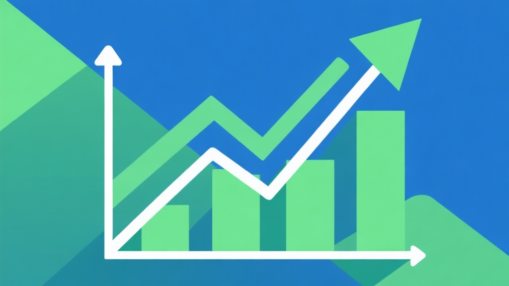 Upward trending graph with simple geometric elements, green and blue color palette, clean business infographic style, minimal design high quality illustration, detailed, 16:9