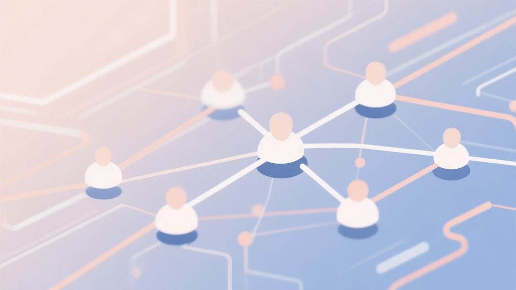 Abstract network nodes connected by lines, soft color scheme, clean minimal illustration, modern digital concept of community and data flow high quality illustration, detailed, 16:9