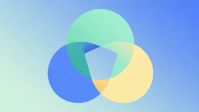 自动生成图片: Abstract geometric composition with three interconnected circles forming a triangle, soft pastel colors of blue, green, and yellow, modern minimal style, professional collaboration and multiplayer concept illustration high quality illustration, detailed, 16:9