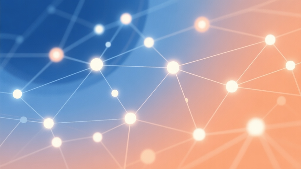 Abstract network nodes connected by lines, glowing dots representing community hype and anticipation, soft color scheme transitioning from blue to orange, clean minimal illustration, modern digital concept of trends and connections high quality illustration, detailed, 16:9