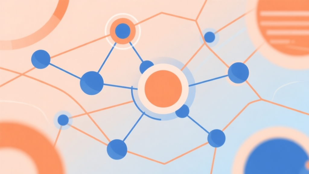 Abstract network nodes connected by lines, representing an active game community and meta evolution, soft orange and blue color scheme, clean minimal illustration, modern digital concept high quality illustration, detailed, 16:9