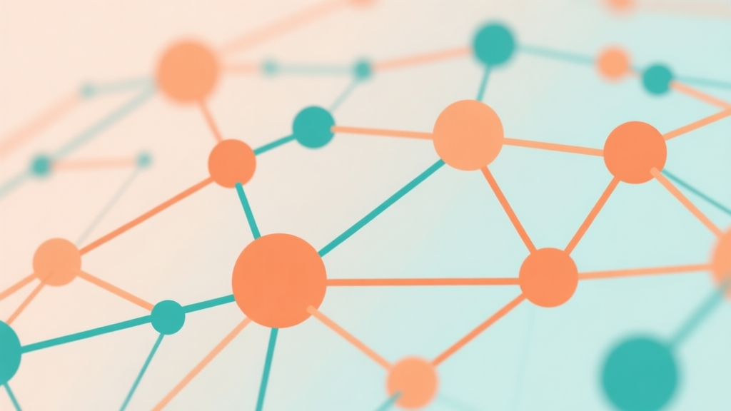 Abstract network nodes connected by lines, soft color scheme of orange and teal, clean minimal illustration, modern digital concept of community and connection high quality illustration, detailed, 16:9