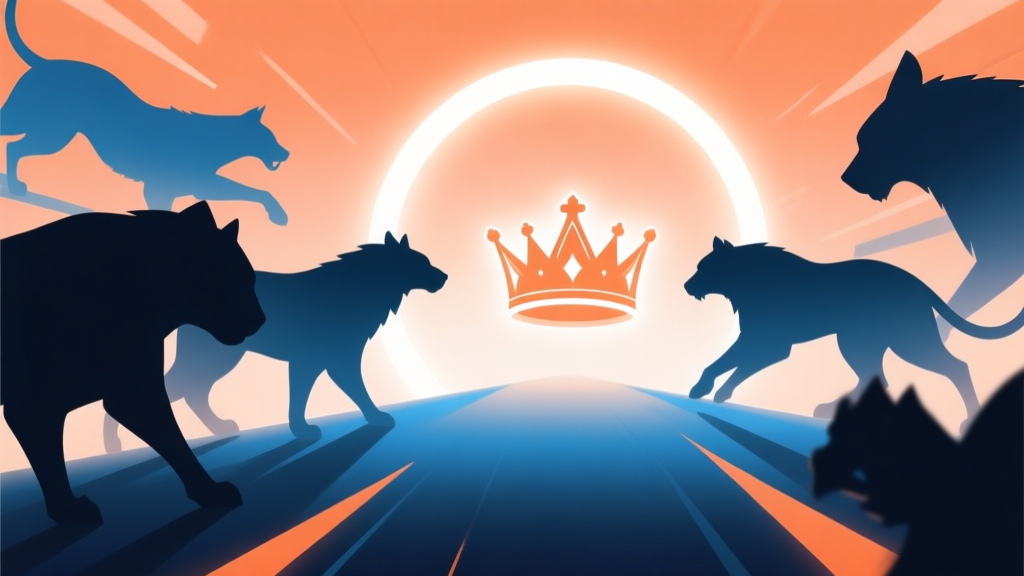 Dynamic abstract illustration of animal silhouettes converging towards a central crown, with a glowing ring in the background, representing competition and battle royale concept, soft gradient of orange and blue, clean esports style high quality illustration, detailed, 16:9