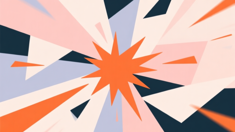 自动生成图片: Abstract geometric composition with overlapping shapes in dynamic motion, soft pastel colors with bursts of vibrant orange, modern minimal style, representing chaotic fun and playful competition high quality illustration, detailed, 16:9