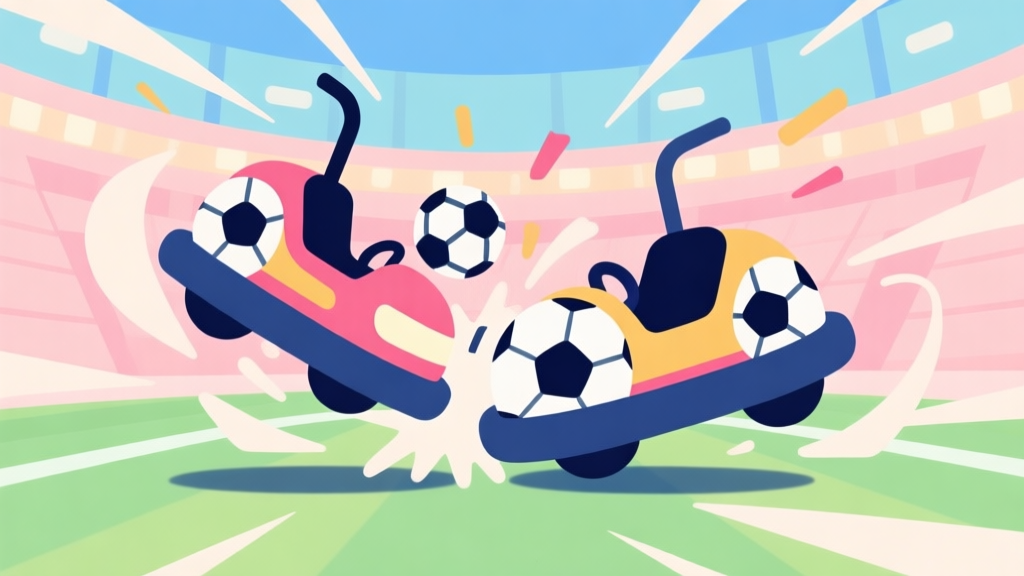 A vibrant, playful illustration of abstract bumper cars with soccer ball patterns colliding in an arena, dynamic motion lines, soft pastel colors, clean flat design style, gaming concept high quality illustration, detailed, 16:9