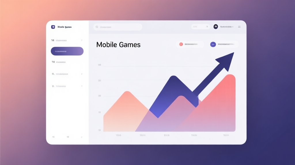 Minimalist business dashboard with abstract data visualization showing upward trend for mobile games, soft gradient background, professional color scheme, clean geometric shapes, flat design style high quality illustration, detailed, 16:9