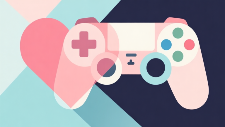自动生成图片: Abstract geometric composition with overlapping shapes forming a heart and a game controller, soft pastel colors, modern minimal style, professional concept illustration of emotional storytelling in games high quality illustration, detailed, 16:9