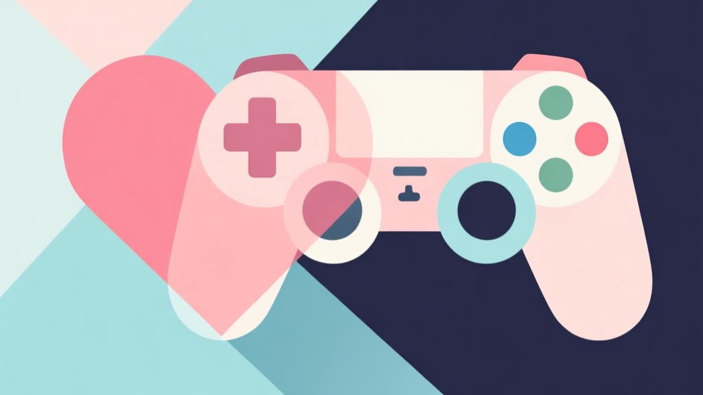 Abstract geometric composition with overlapping shapes forming a heart and a game controller, soft pastel colors, modern minimal style, professional concept illustration of emotional storytelling in games high quality illustration, detailed, 16:9