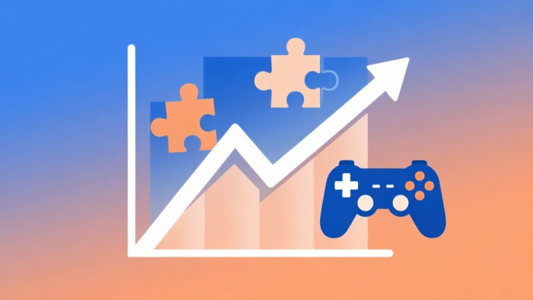 自动生成图片: Upward trending graph with puzzle pieces and game controller icons, soft gradient background of blue and orange, clean geometric shapes, minimalist data visualization style high quality illustration, detailed, 16:9