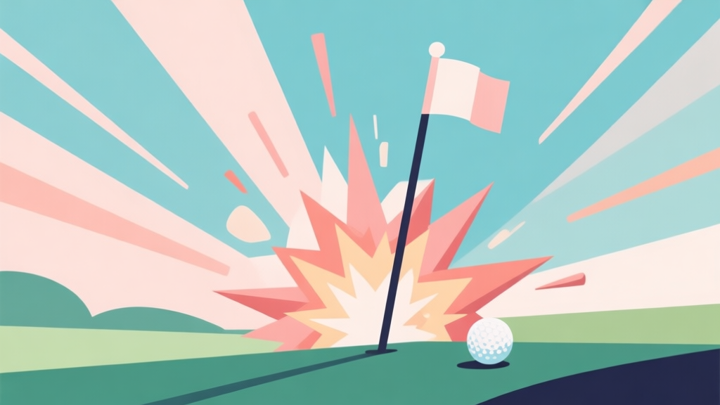 Abstract geometric composition showing a fusion of a golf flag and explosion elements, soft pastel colors with dynamic lines, modern gaming concept illustration, minimalist style high quality illustration, detailed, 16:9
