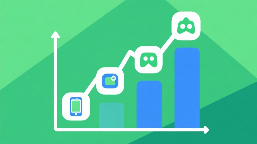Upward trending graph with simple geometric elements, green and blue color palette, clean business infographic style, minimal design, showing mobile game icons rising high quality illustration, detailed, 16:9