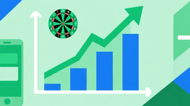 自动生成图片: Upward trending graph with simple geometric elements, green and blue color palette, clean business infographic style, minimal design, representing growth of mobile darts esports high quality illustration, detailed, 16:9
