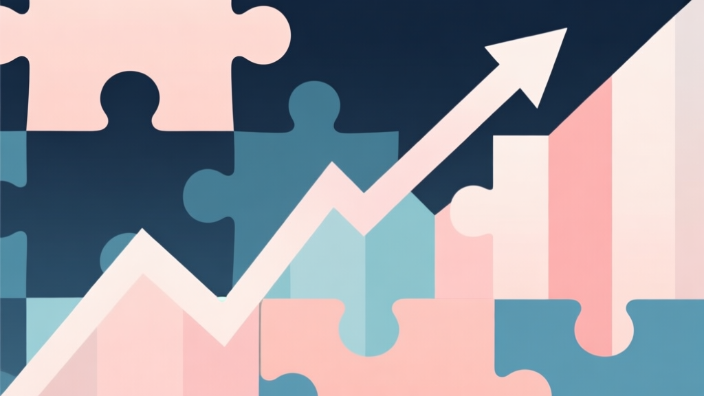 Abstract geometric composition with overlapping puzzle pieces and rising graph, soft pastel colors, modern minimal style, professional trend analysis illustration high quality illustration, detailed, 16:9