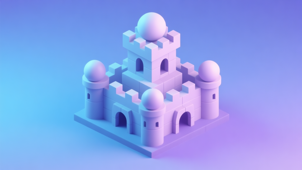 Abstract geometric castle made of simple blocks and spheres, soft gradient background of blue and purple, clean minimalist game concept illustration, isometric view high quality illustration, detailed, 16:9