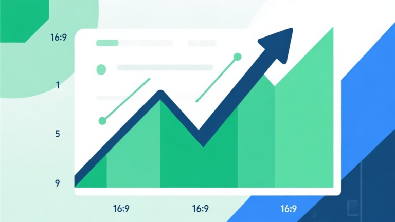 自动生成图片: Upward trending graph with simple geometric elements, green and blue color palette, clean business infographic style, minimal design, representing market growth and anticipation high quality illustration, detailed, 16:9
