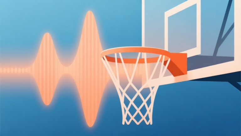 自动生成图片: Abstract geometric composition showing a sound wave transforming into a basketball net, soft orange and blue gradient, clean lines, modern digital art style, minimalist high quality illustration, detailed, 16:9