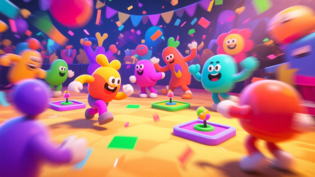 A vibrant and chaotic party scene in a video game, with colorful abstract characters competing in mini-games, dynamic motion blur, playful and fun atmosphere, 3D cartoon style, bright and saturated colors high quality illustration, detailed, 16:9