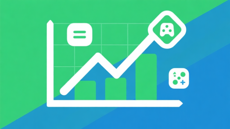 自动生成图片: Upward trending graph with simple geometric elements representing classic game icons, green and blue color palette, clean business infographic style, minimal design high quality illustration, detailed, 16:9