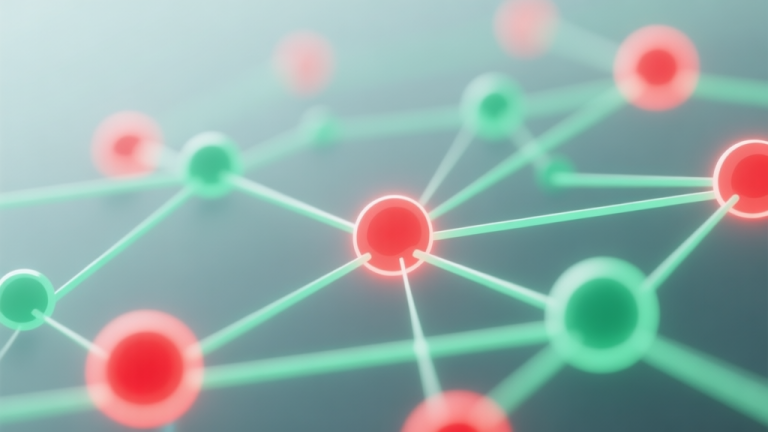 自动生成图片: Abstract network nodes connected by lines, some nodes glowing red and others green, soft color scheme, clean minimal illustration, modern digital concept of connection issues high quality illustration, detailed, 16:9