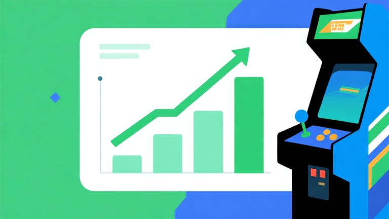 自动生成图片: Upward trending graph with simple geometric elements, green and blue color palette, clean business infographic style, minimal design, showing growth of arcade genre high quality illustration, detailed, 16:9