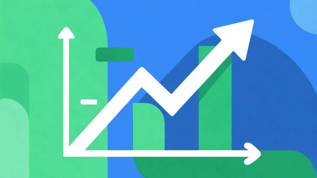 Upward trending graph with simple geometric elements, green and blue color palette, clean business infographic style, minimal design, representing market growth high quality illustration, detailed, 16:9