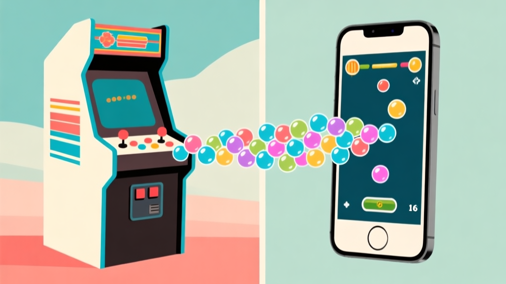 A split-screen illustration showing a classic arcade cabinet on one side and a modern smartphone playing a bubble-popping game on the other, connected by a stream of colorful bubbles, minimalist design with a retro color palette high quality illustration, detailed, 16:9