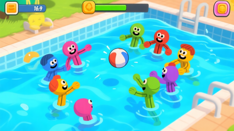 自动生成图片: A vibrant, playful video game screenshot style image showing two teams of wobbly ragdoll characters in a swimming pool, trying to catch a ball. The scene is chaotic and funny, with bright blue water and simple, colorful character designs, capturing the essence of casual mobile gaming fun. high quality illustration, detailed, 16:9