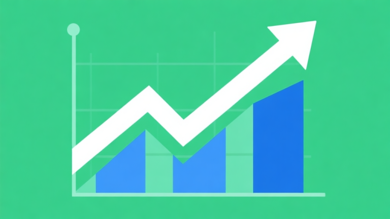 自动生成图片: Upward trending graph with simple geometric elements, green and blue color palette, clean business infographic style, minimal design high quality illustration, detailed, 16:9