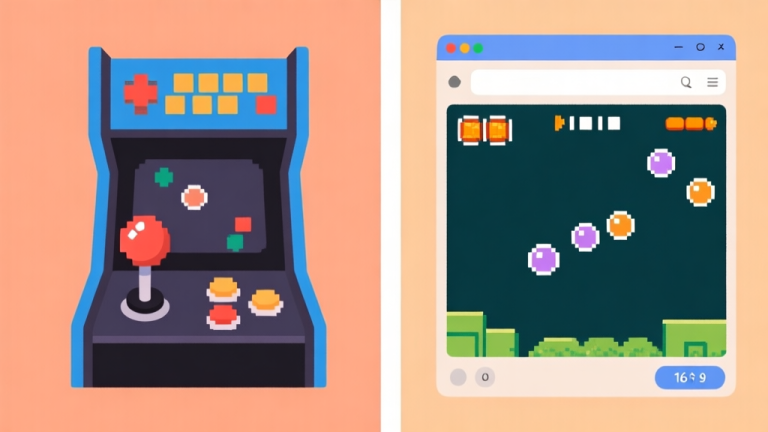 自动生成图片: A split-screen illustration showing classic arcade game icons on one side (like a joystick and pixelated bubbles) and a modern, clean browser window playing a bubble-shooting game on the other, with a nostalgic warm filter, minimalist style high quality illustration, detailed, 16:9