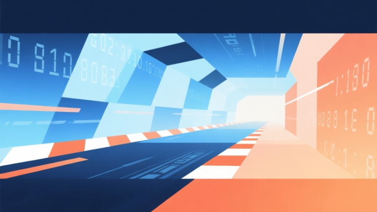 自动生成图片: Abstract geometric composition with overlapping shapes representing hidden codes and racing elements, soft blue and orange gradient, modern minimal style, digital gaming concept illustration high quality illustration, detailed, 16:9