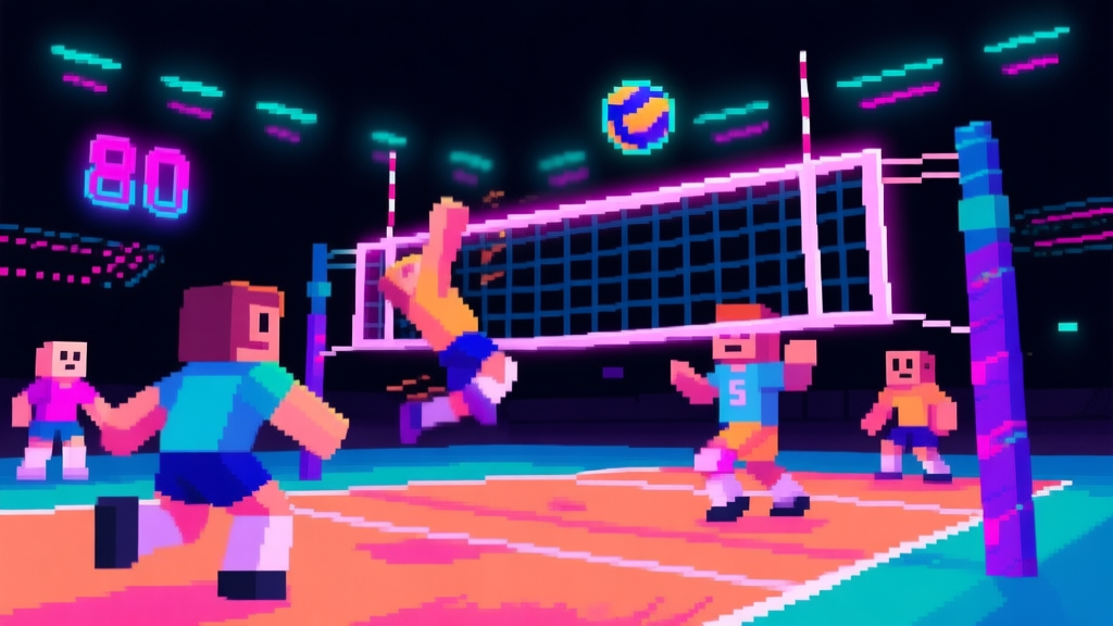 A vibrant, retro-style pixel art scene of a volleyball court with blocky characters mid-game, neon glow effects on the net, dynamic action blur, 80s arcade aesthetic, dark background with colorful pixels high quality illustration, detailed, 16:9
