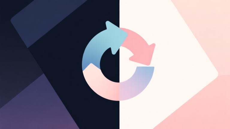 自动生成图片: Abstract geometric composition with two contrasting halves, one dark and one light, connected by a rotating arrow in the center, soft pastel colors, modern minimal style, professional game mechanic concept illustration high quality illustration, detailed, 16:9