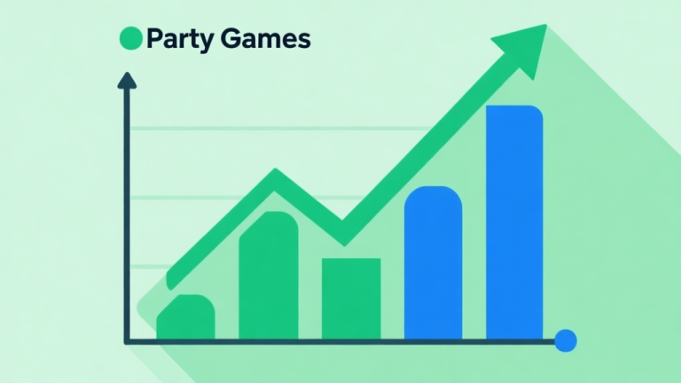 自动生成图片: Upward trending graph with simple geometric elements, green and blue color palette, clean business infographic style, minimal design, representing growth of party games high quality illustration, detailed, 16:9