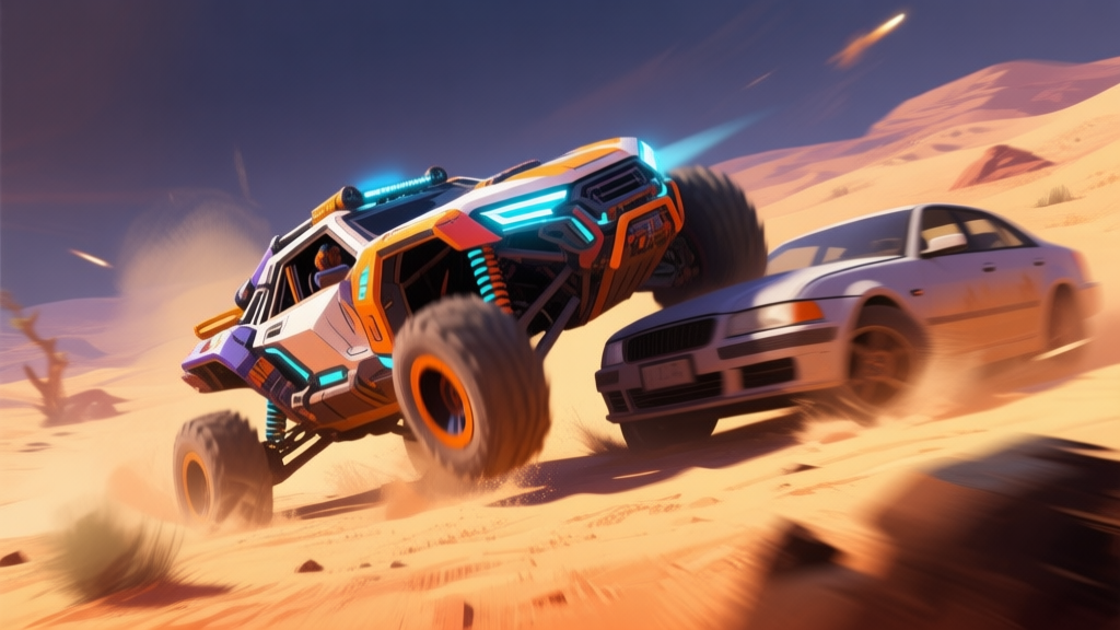 Dynamic video game scene with a futuristic off-road vehicle strategically bumping another car in a desert battlefield, action shot with motion blur, vibrant game art style, dramatic lighting high quality illustration, detailed, 16:9