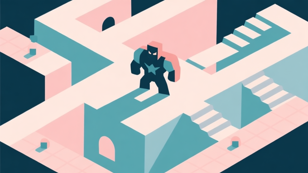 Abstract geometric composition with overlapping shapes representing game levels and a central challenging boss figure, soft pastel colors, modern minimal style, professional gaming strategy concept illustration high quality illustration, detailed, 16:9