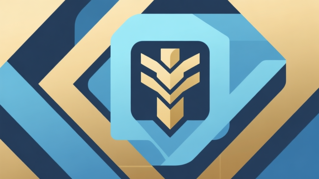 Abstract geometric composition with overlapping shapes forming a central totem icon, soft blue and gold color scheme, modern minimal style, professional game mechanic concept illustration high quality illustration, detailed, 16:9