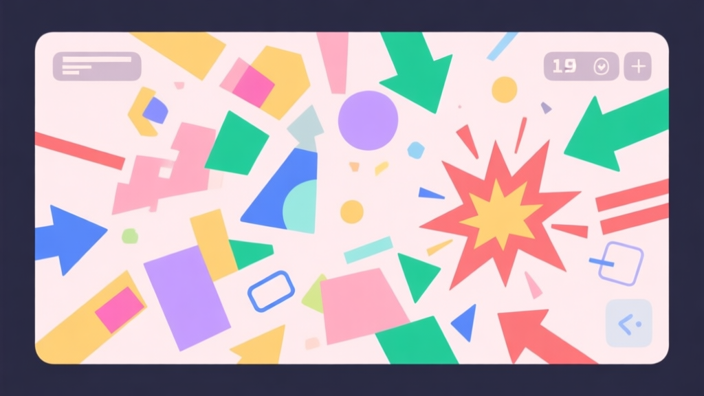 Abstract chaotic game interface with colorful overlapping geometric shapes, arrows, and explosions in soft pastel colors, representing organized chaos in video games, minimalist digital art style high quality illustration, detailed, 16:9