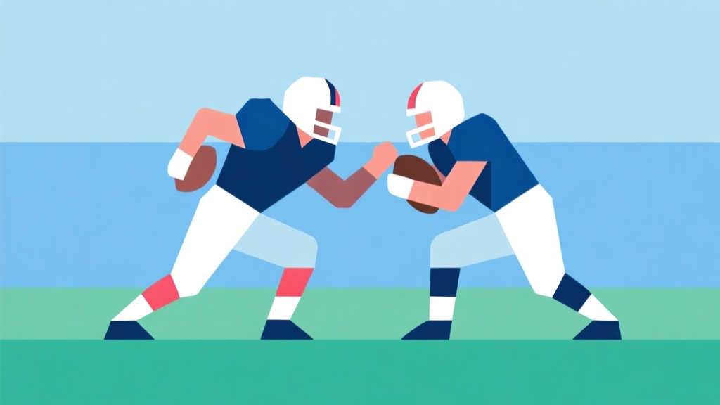 Simple geometric illustration of two stylized American football players in a competitive pose, minimalist flat design, soft blue and green color palette, clean background, arcade game concept high quality illustration, detailed, 16:9