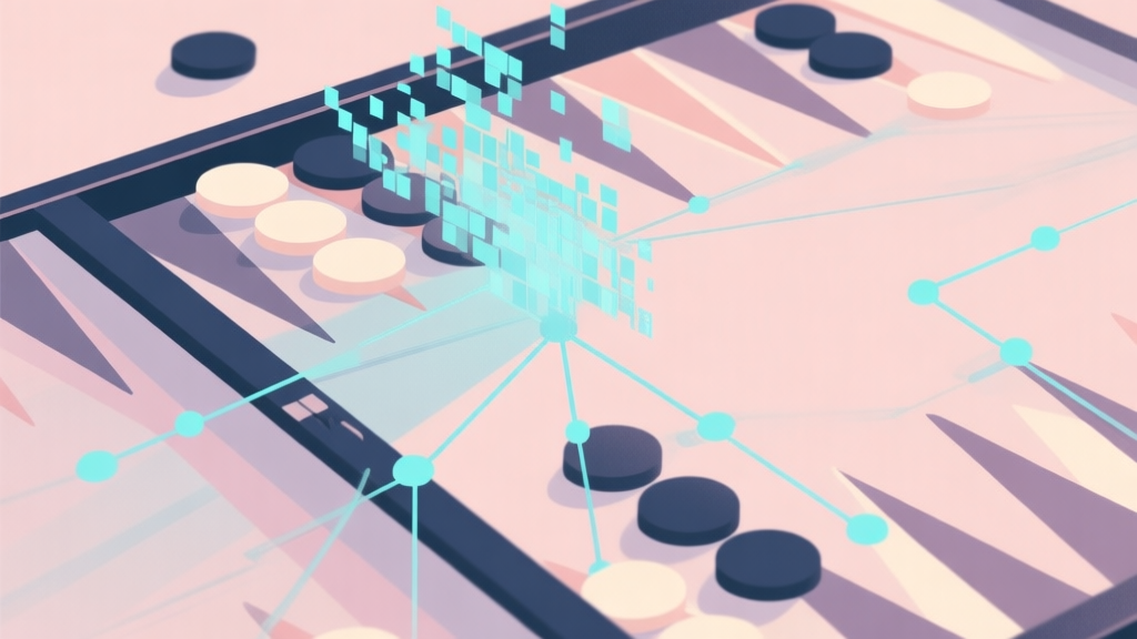 Abstract geometric composition showing a classic backgammon board merging with digital pixels and network connection lines, soft pastel colors, modern minimal style, representing the fusion of classic and digital gaming high quality illustration, detailed, 16:9
