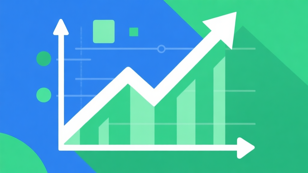 Upward trending graph with simple geometric elements, green and blue color palette, clean business infographic style, minimal design high quality illustration, detailed, 16:9