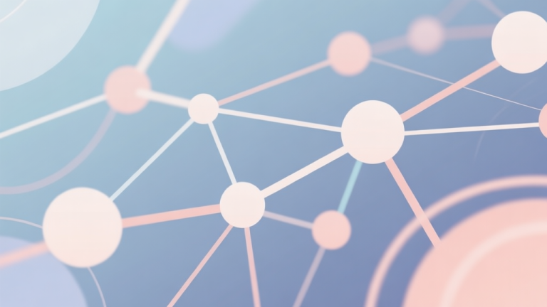 自动生成图片: Abstract network nodes connected by lines, soft color scheme, clean minimal illustration, modern digital concept of strategy and connection high quality illustration, detailed, 16:9