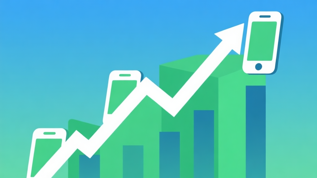 Upward trending graph with simple geometric elements, green and blue color palette, clean business infographic style, minimal design, showing mobile phone icons rising high quality illustration, detailed, 16:9